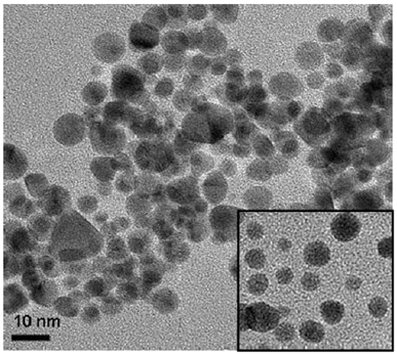 Transmission electron micrograph of monodisperse quantum dots with a 10 nm scale bar